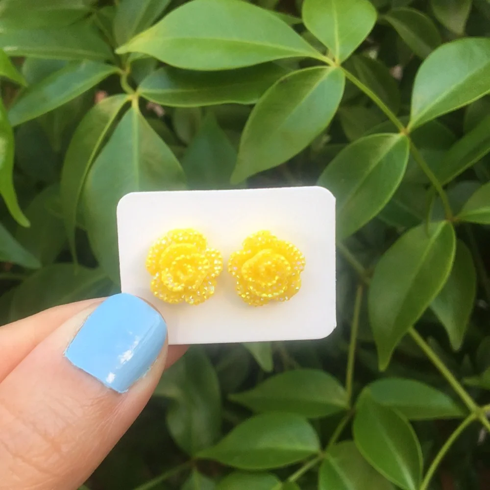 Iridescent Yellow Rose Flower Stud Earrings